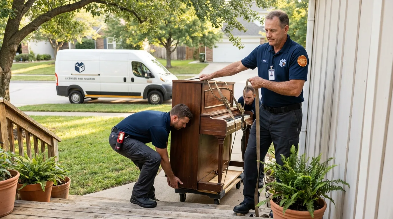 Licensed piano movers securing grand piano in Williams, CA