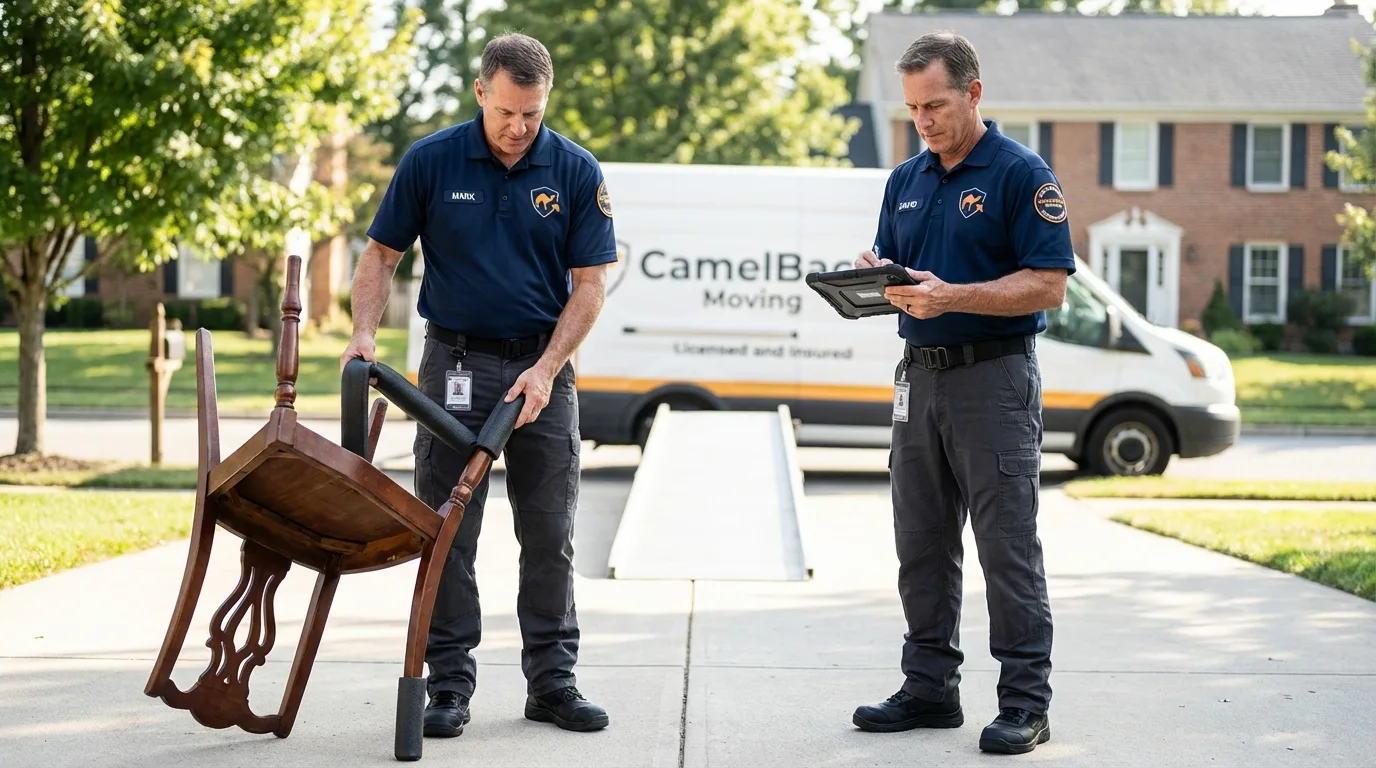 Movers inspecting furniture for damage prevention before loading in Williams, CA